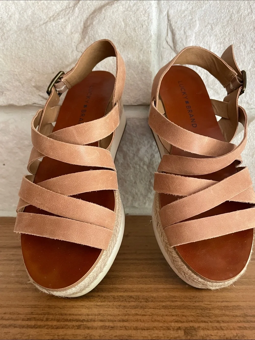 Lucky Brand Peach-Tan Crisscross Espadrille Wedge Sandals